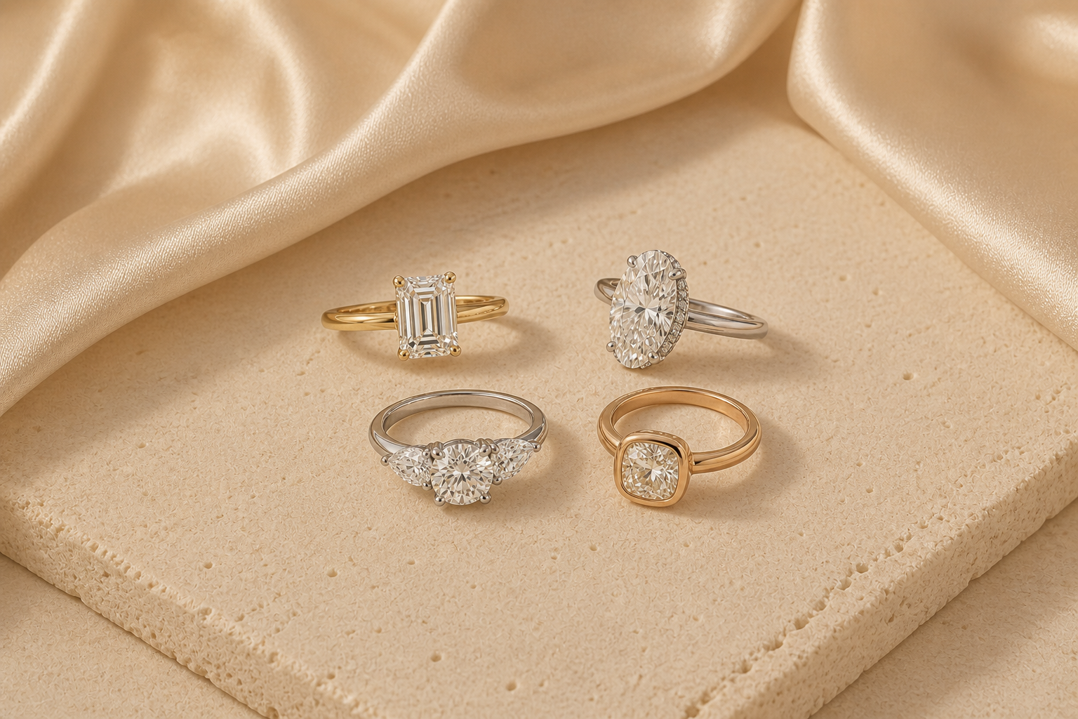 Four engagement ring styles including emerald solitaire, visible hidden halo, three-stone and bezel settings
